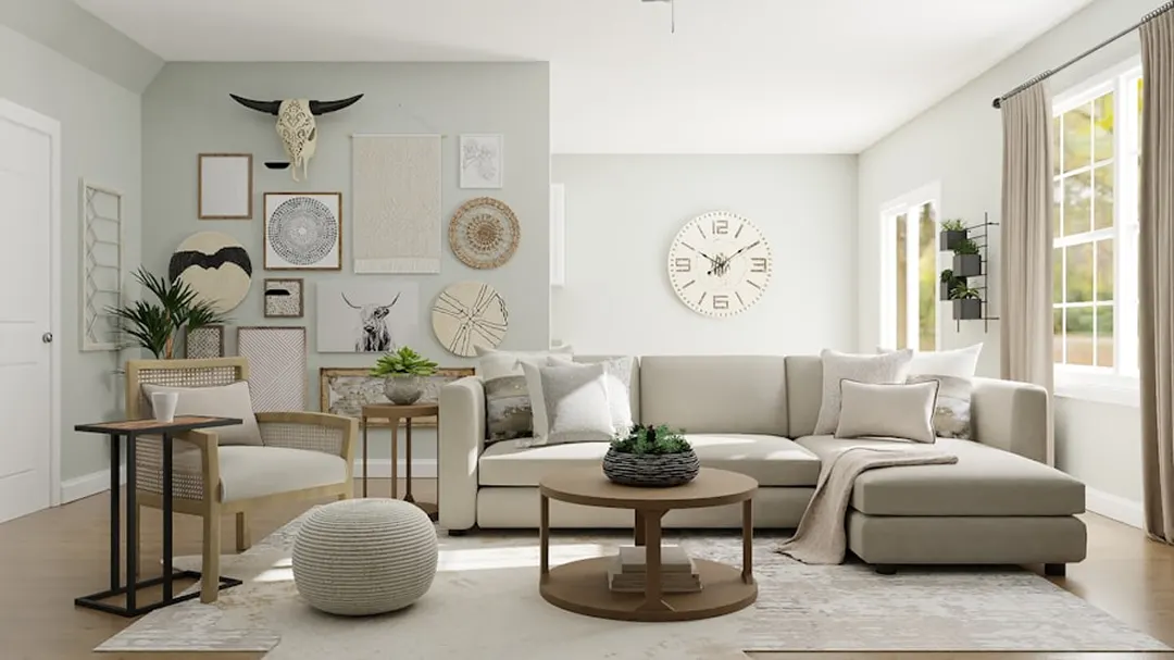 Neutral living room with a sectional sofa and wall clock