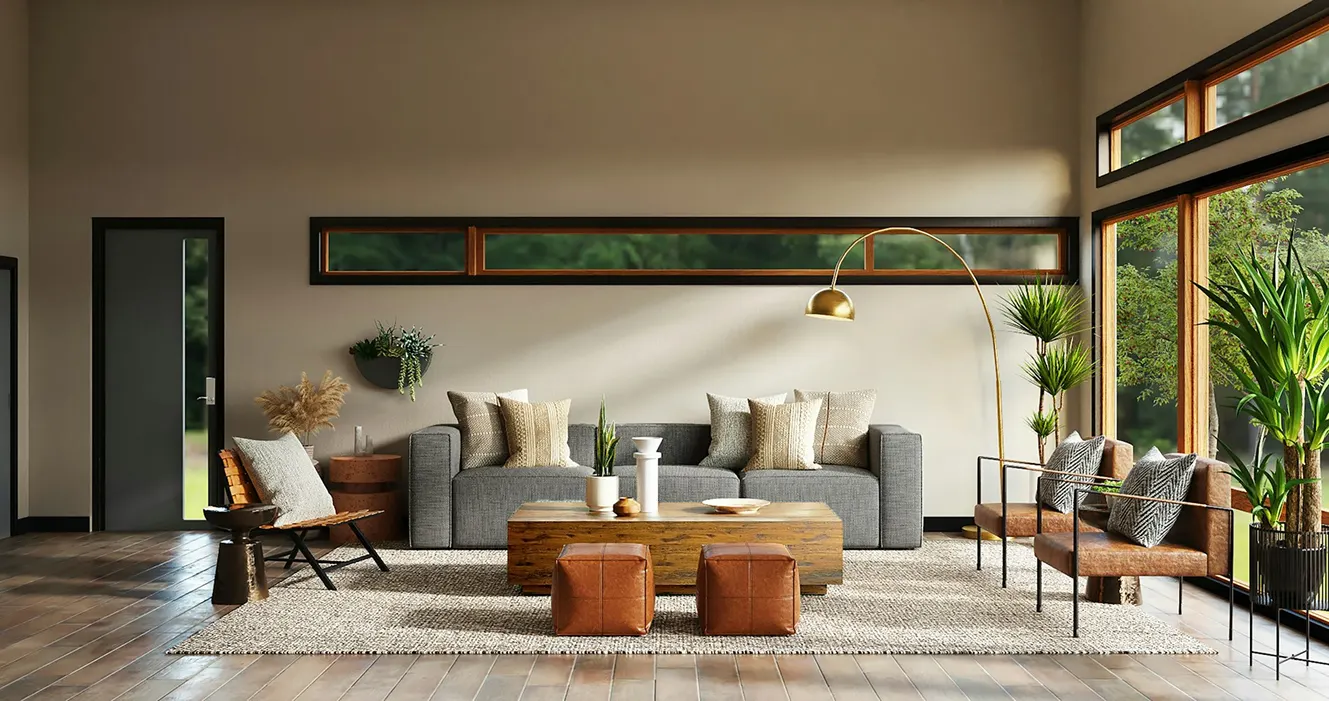 Low living room with a ribbon window and leather ottomans