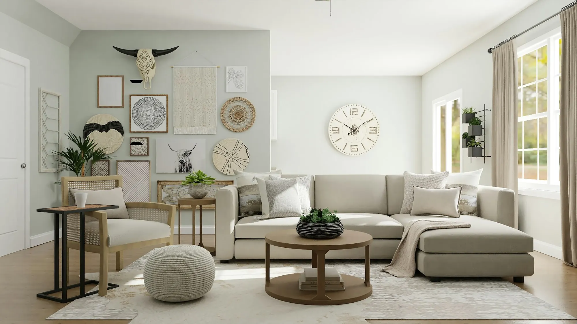 Neutral living room with a sectional sofa and wall clock